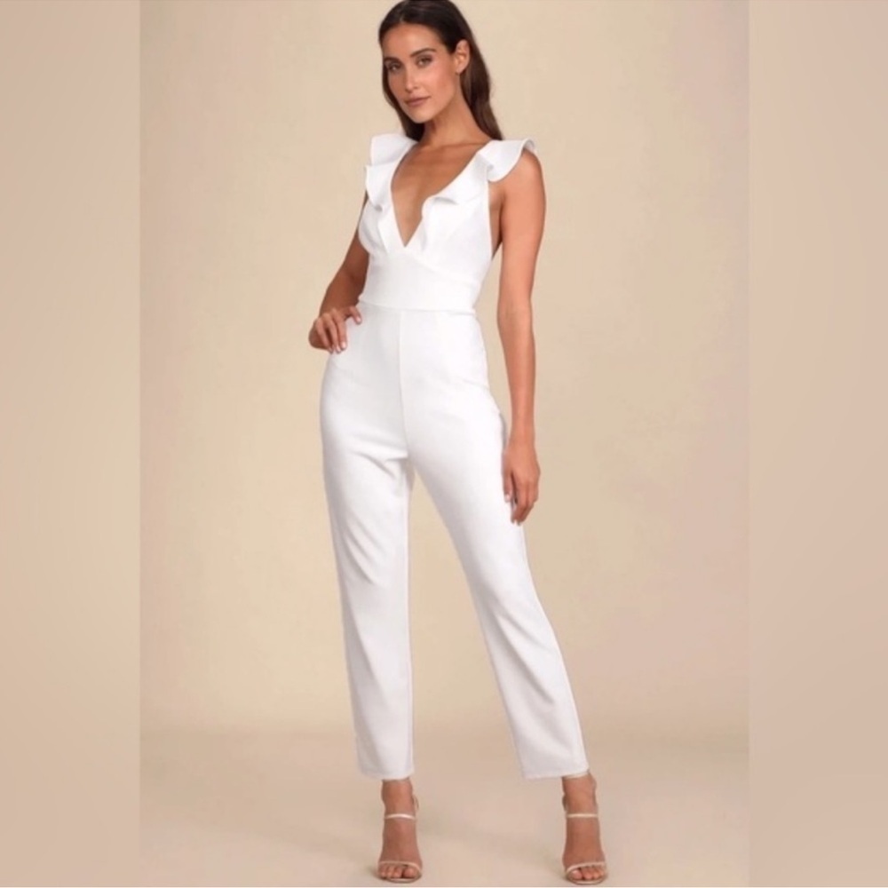 Lulu's White Plunging V Neck Flutter Sleeve Jumpsuit